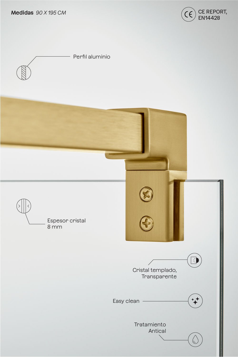 Mampara de ducha fija 90x195 cm con cristal templado transparente 8 mm y aluminio dorado cepillado Bristol, imagen de galería 3