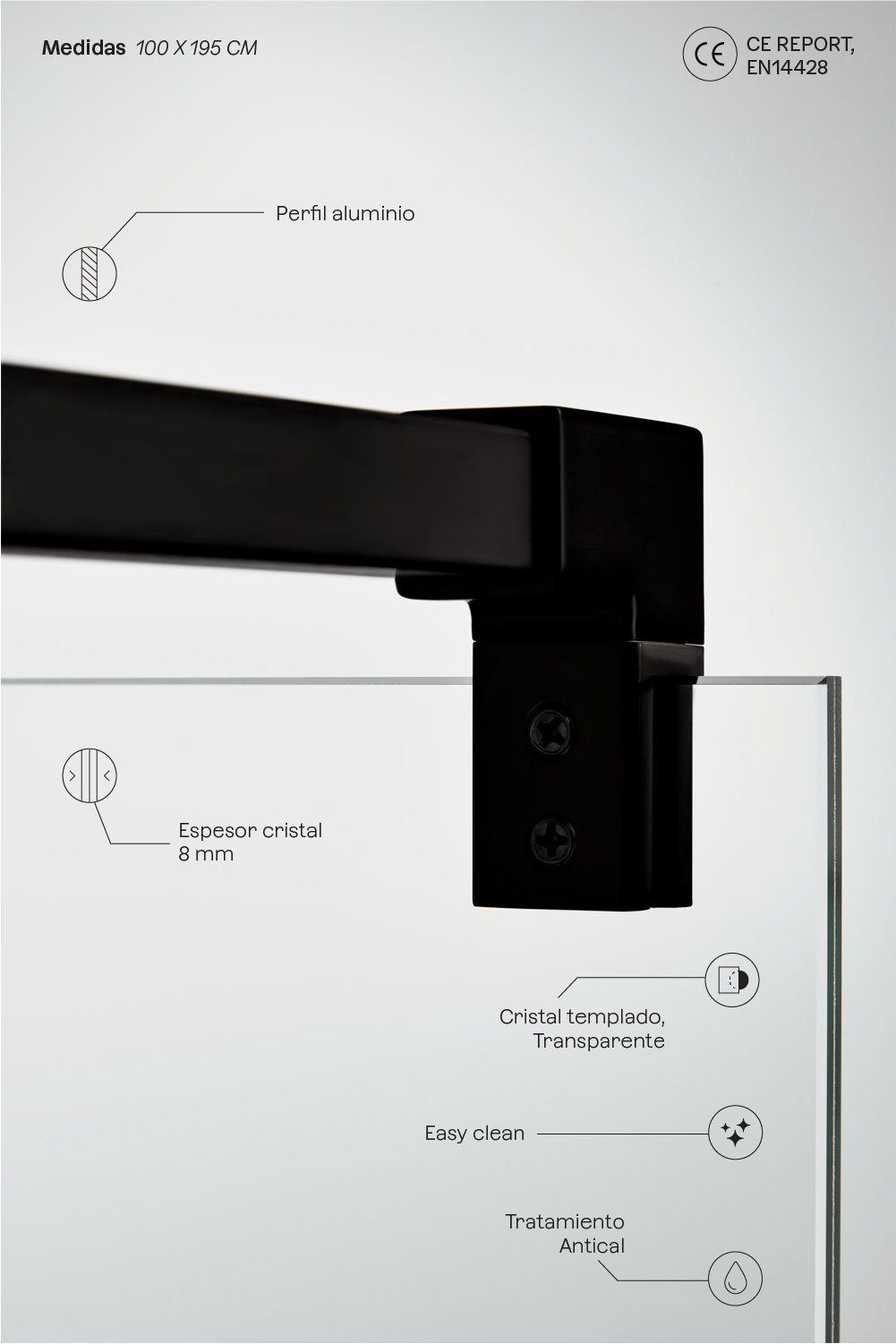 Mampara de ducha fija 100x195 cm con cristal templado transparente 8 mm y aluminio negro mate Bristol, imagen de galer&iacute;a 3