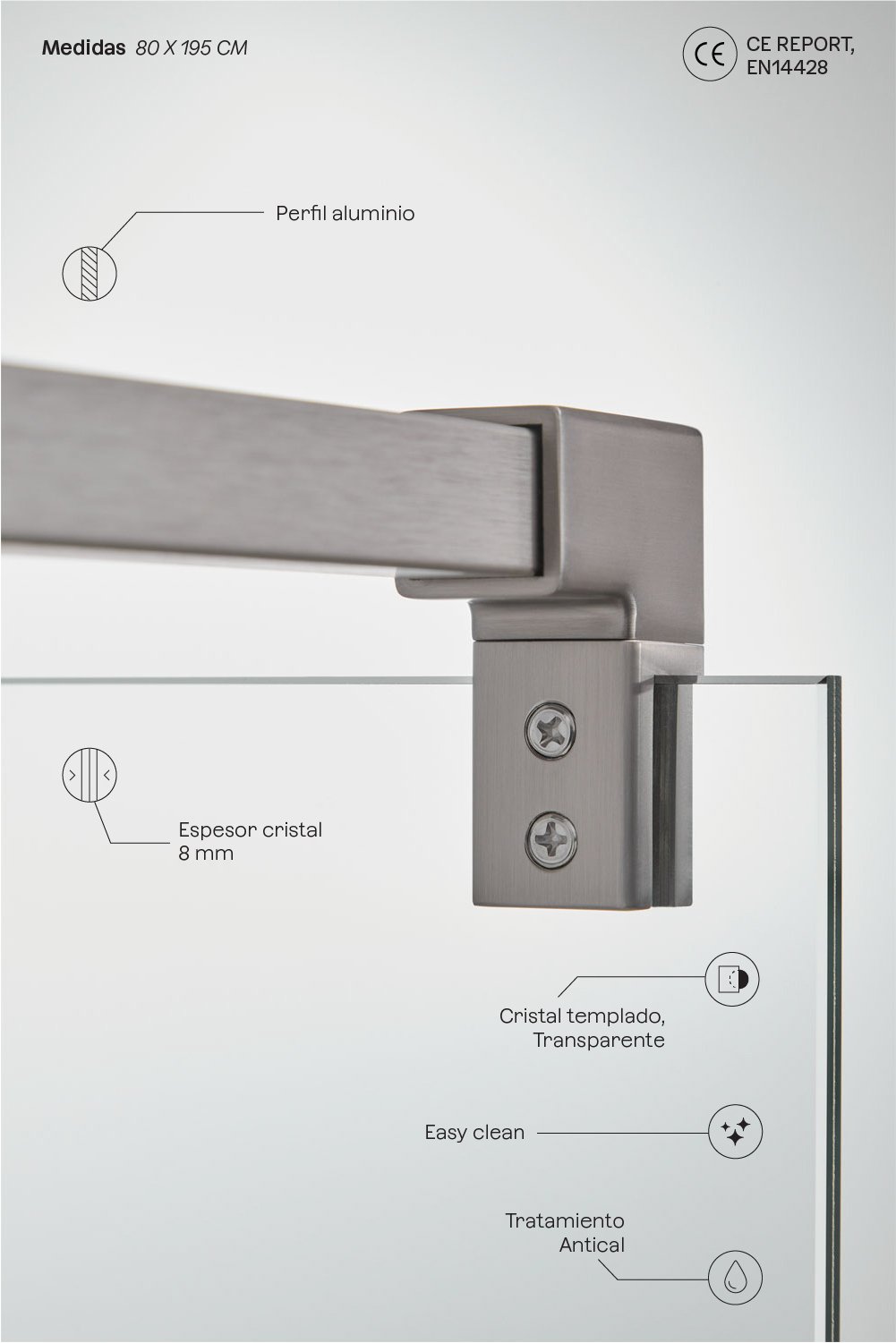 Mampara de ducha fija 80x195 cm con cristal templado transparente 8 mm y aluminio gris cepillado Bristol, imagen de galer&iacute;a 4