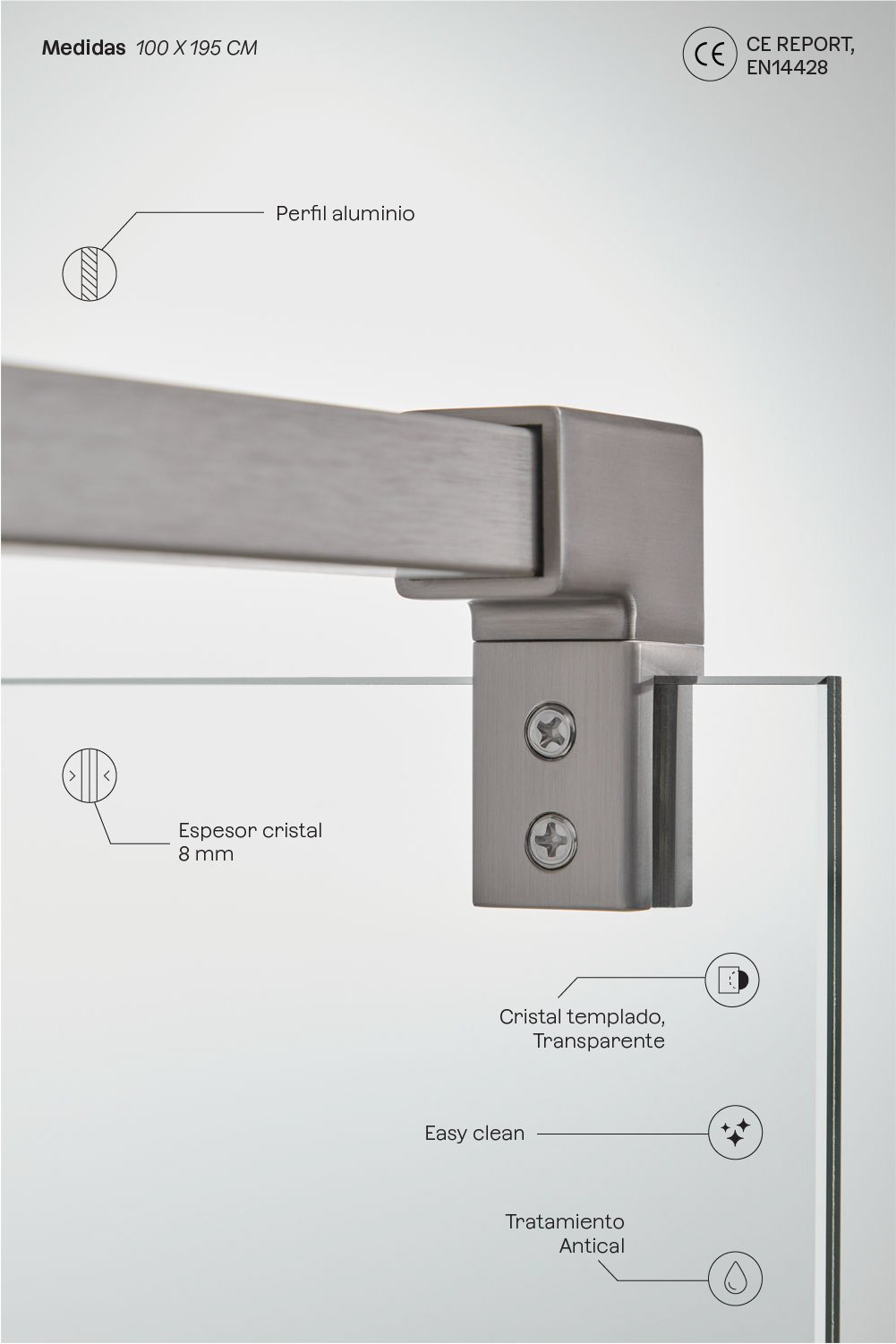 Mampara de ducha fija 100x195 cm con cristal templado transparente 8 mm y aluminio gris cepillado Bristol, imagen de galer&iacute;a 3