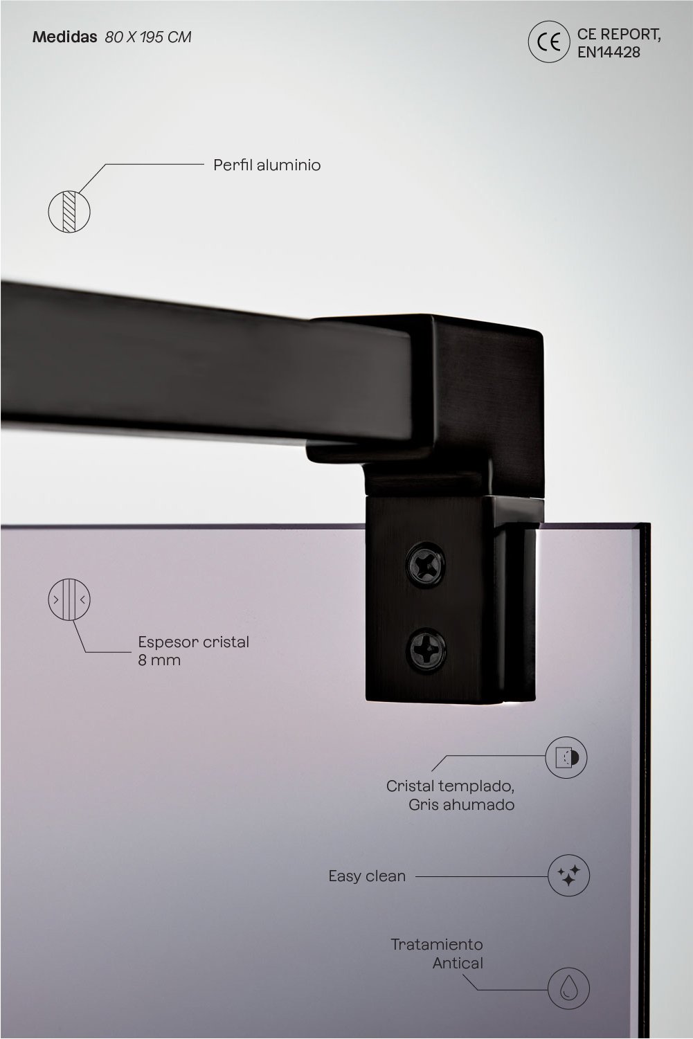 Mampara de ducha fija 80x195 cm con cristal templado gris ahumado 8 mm y aluminio negro mate Bristol, imagen de galería 3