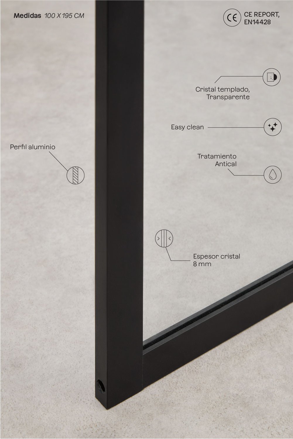Mampara de ducha fija 100x195 cm con decorado de cuadros, cristal templado transparente 8 mm y aluminio negro mate Camden, imagen de galería 3