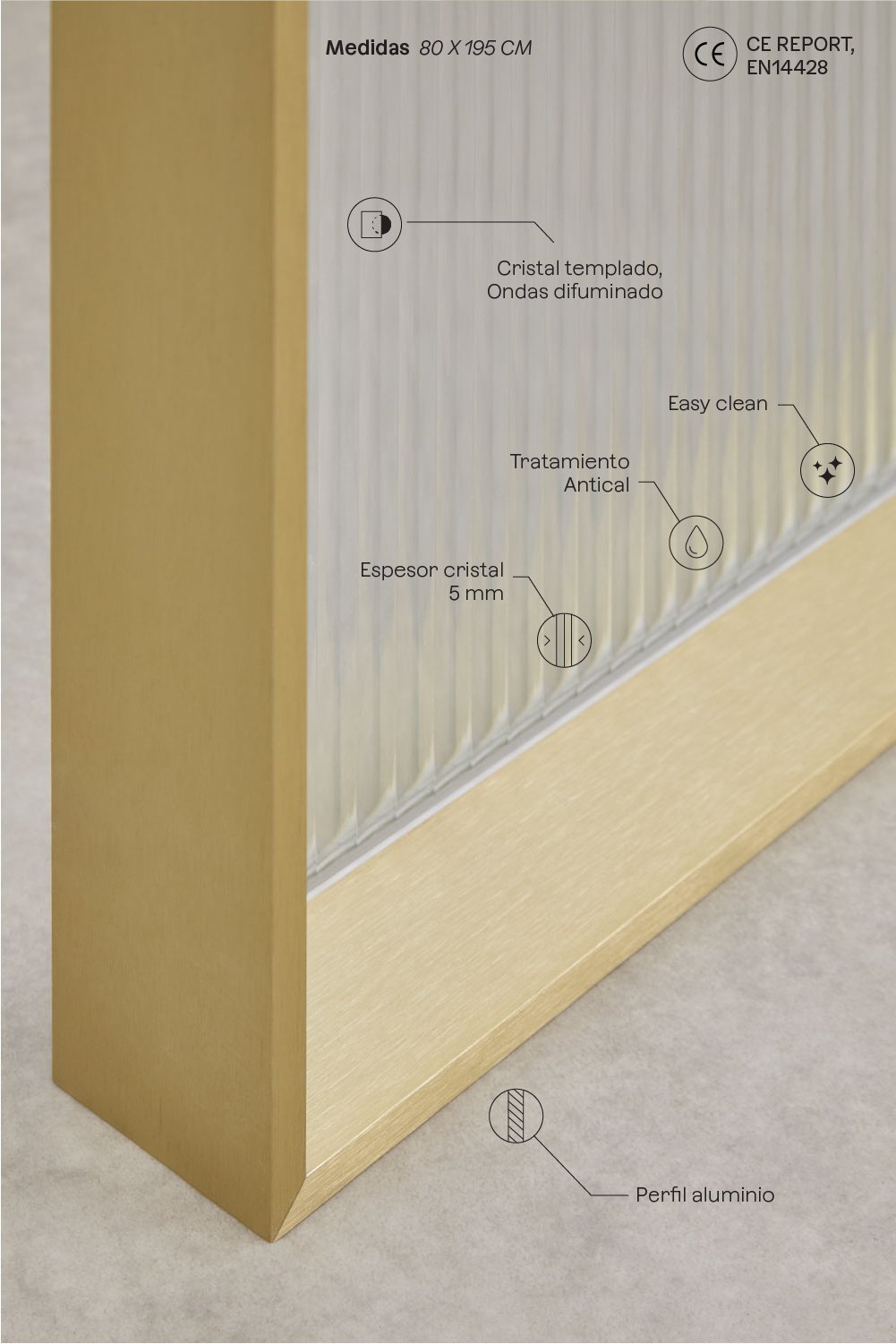 Mampara de ducha fija 80x195 cm con cristal templado acanalado transparente 5 mm y aluminio dorado cepillado Trafalgar, imagen de galer&iacute;a 4