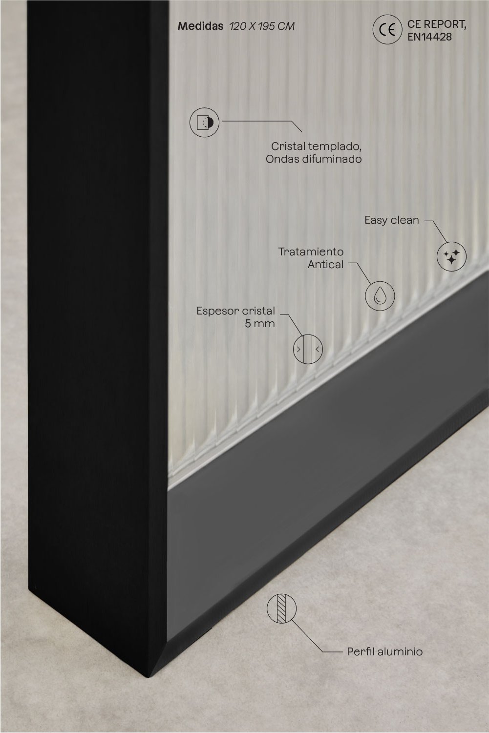 Mampara de ducha fija 120x195 cm con cristal templado acanalado transparente 5 mm y aluminio negro mate Trafalgar, imagen de galer&iacute;a 3