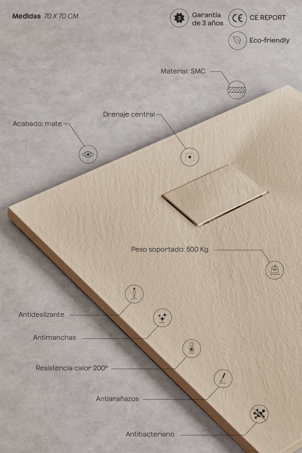Plato de ducha en resina SMC cuadrado 70x70 cm antideslizante y extraplano marrón arena claro Soho, imagen de galería 3