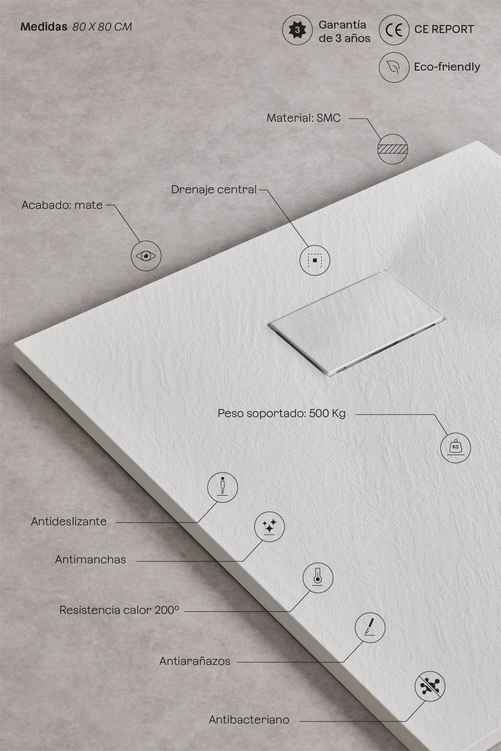 Plato de ducha en resina SMC cuadrado 80x80 cm antideslizante y extraplano blanco Soho, imagen de galer&iacute;a 3