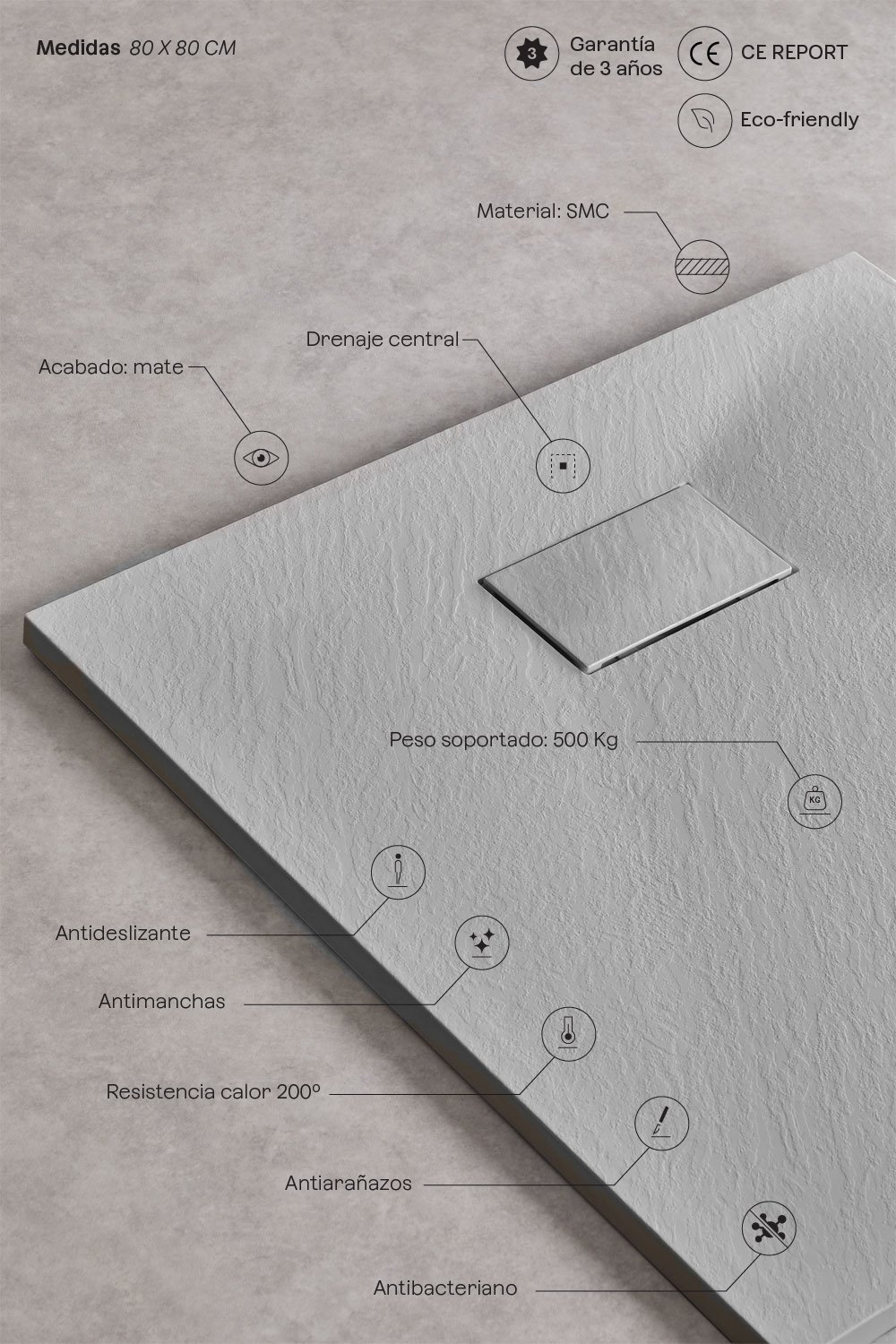 Plato de ducha en resina SMC cuadrado 80x80 cm antideslizante y extraplano gris claro Soho, imagen de galer&iacute;a 3
