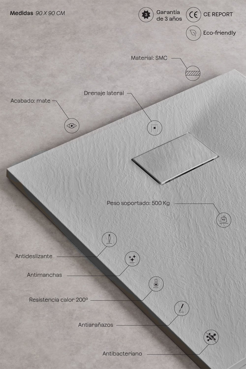 Plato de ducha en resina SMC cuadrado 90x90 cm antideslizante y extraplano gris claro Soho, imagen de galería 3