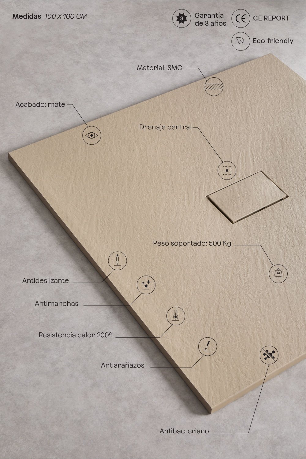 Plato de ducha en resina SMC cuadrado 100x100 cm antideslizante y extraplano marrón arena claro Soho, imagen de galer&iacute;a 3