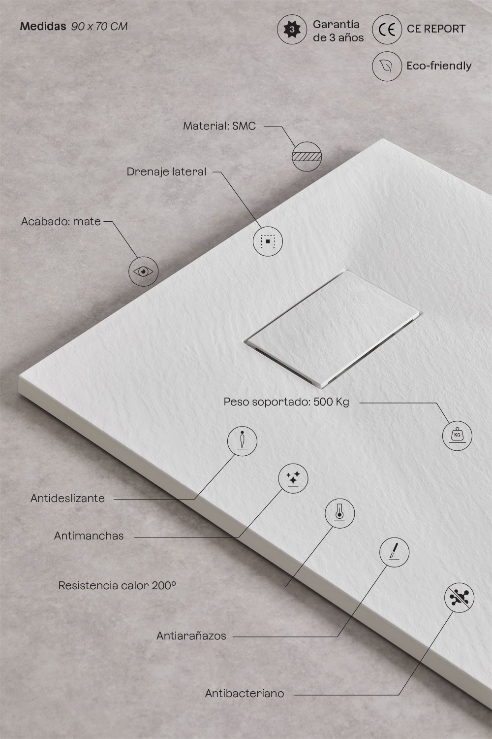 Plato de ducha en resina SMC rectangular 90x70 cm antideslizante y extraplano blanco Soho, imagen de galer&iacute;a 3