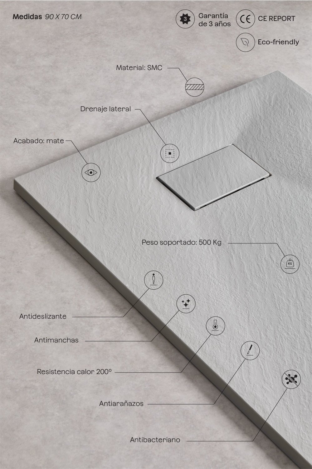 Plato de ducha en resina SMC rectangular 90x70 cm antideslizante y extraplano gris claro Soho, imagen de galería 3