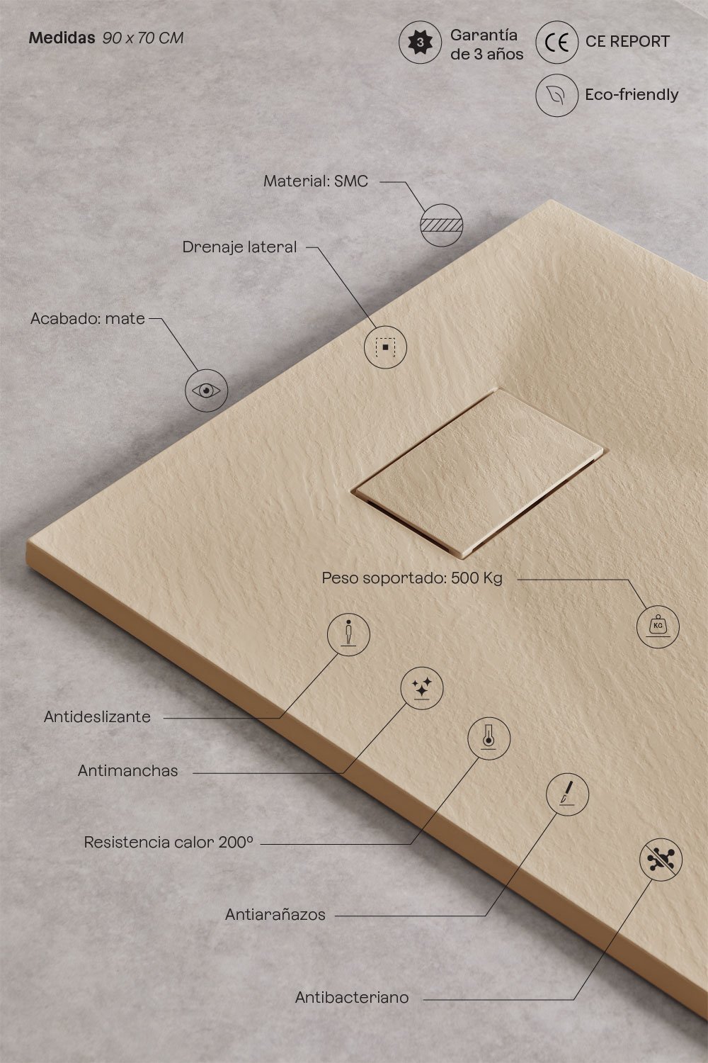 Plato de ducha en resina SMC rectangular 90x70 cm antideslizante y extraplano marrón arena claro Soho, imagen de galer&iacute;a 3