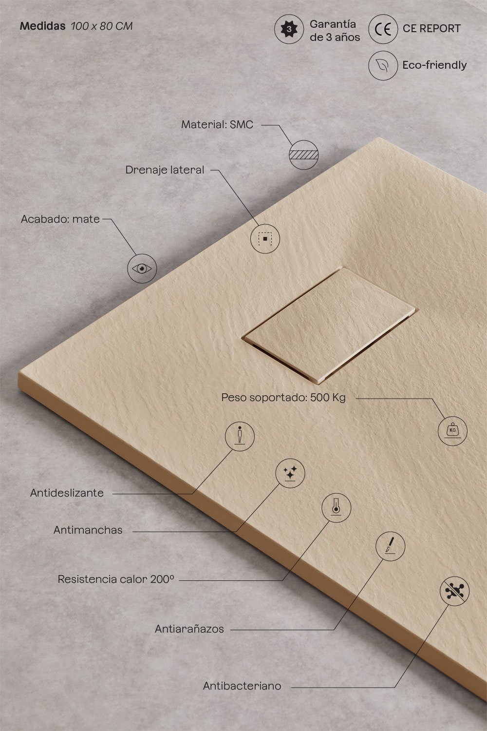 Plato de ducha en resina SMC rectangular 100x80 cm antideslizante y extraplano marrón arena claro Soho, imagen de galería 3