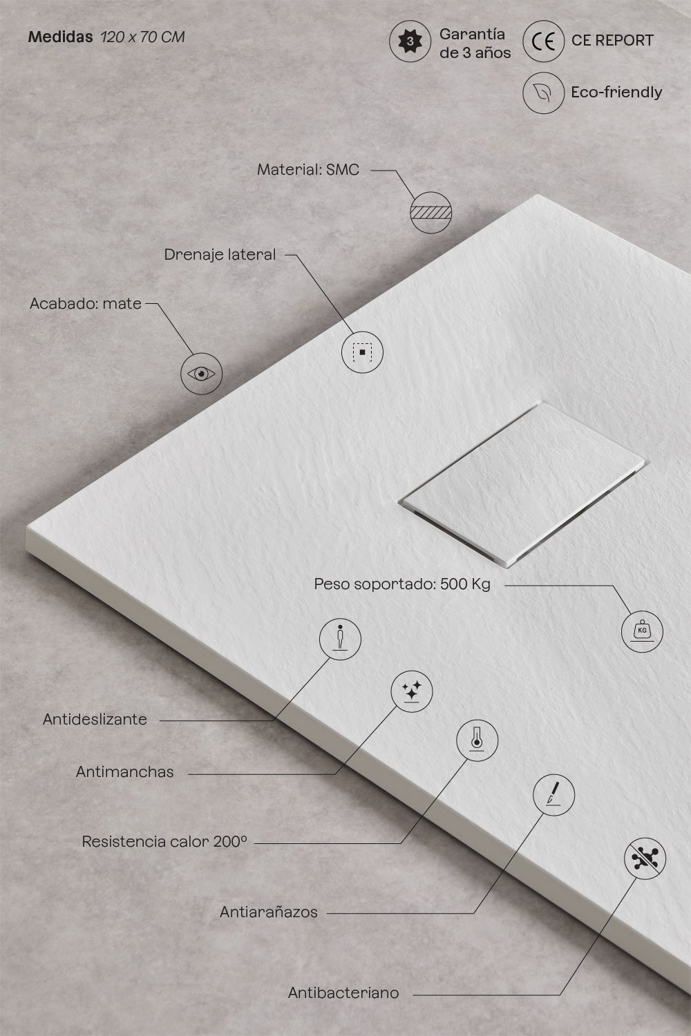Plato de ducha en resina SMC rectangular antideslizante y extraplano Soho, imagen de galería 5