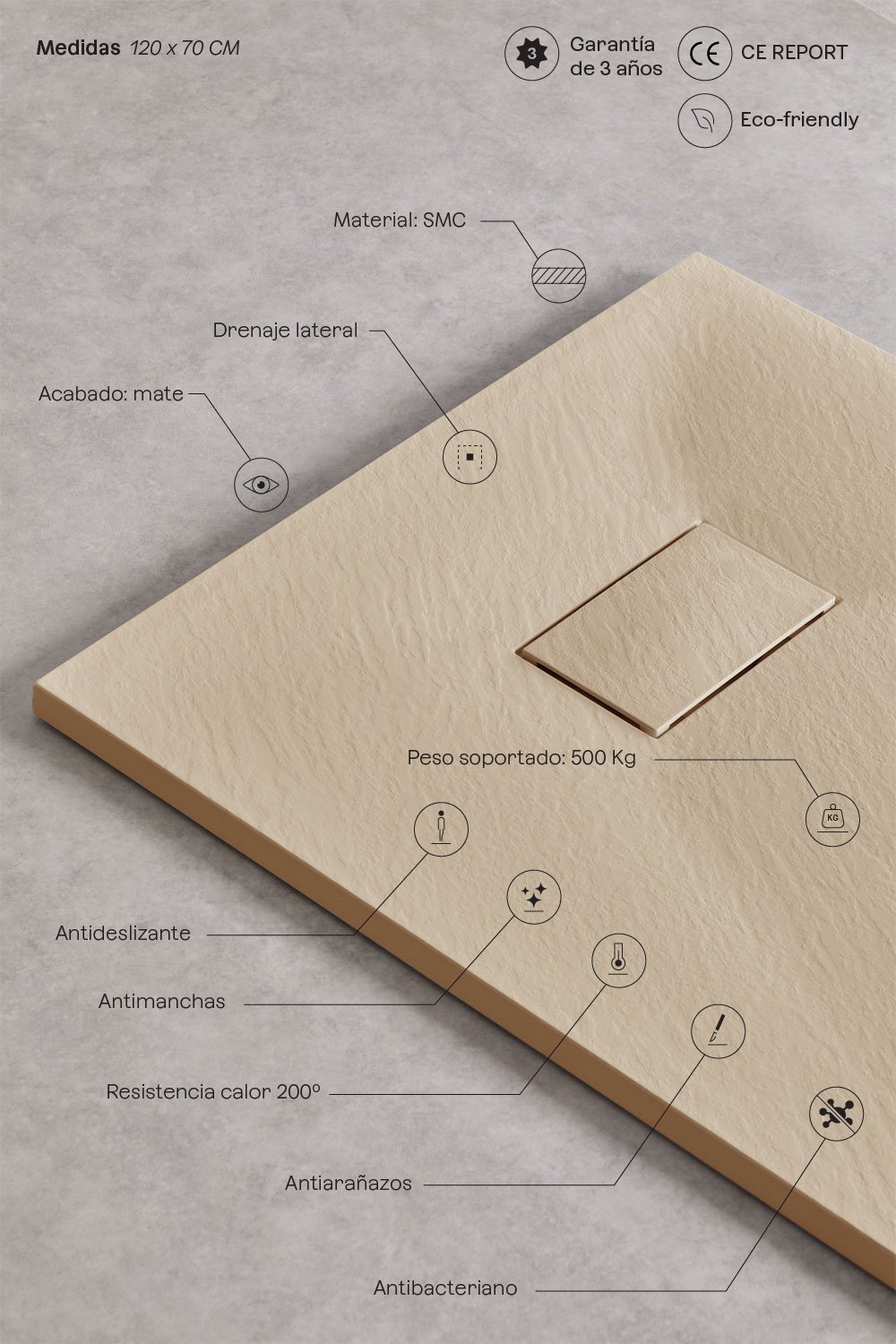 Plato de ducha en resina SMC rectangular 120x70 cm antideslizante y extraplano marrón arena claro Soho, imagen de galer&iacute;a 3