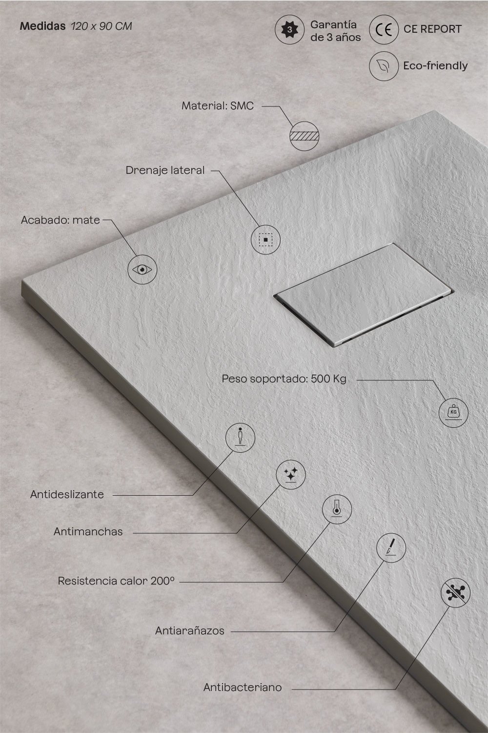 Plato de ducha en resina SMC rectangular 120x90 cm antideslizante y extraplano gris claro Soho, imagen de galería 3