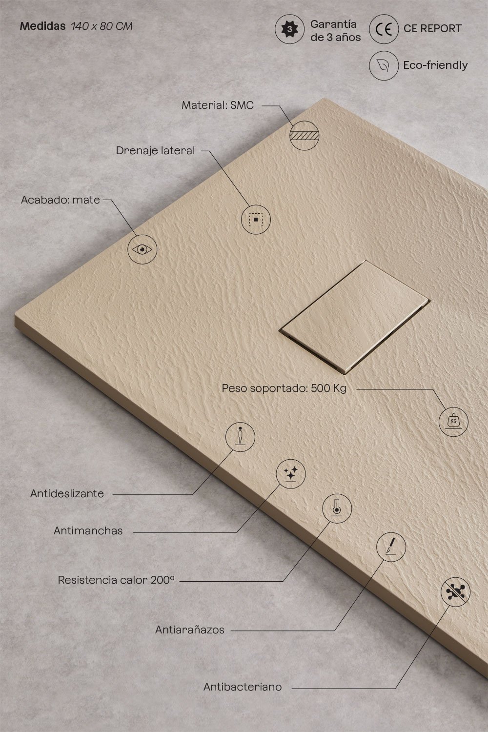 Plato de ducha en resina SMC rectangular 140x80 cm antideslizante y extraplano marrón arena claro Soho, imagen de galer&iacute;a 3