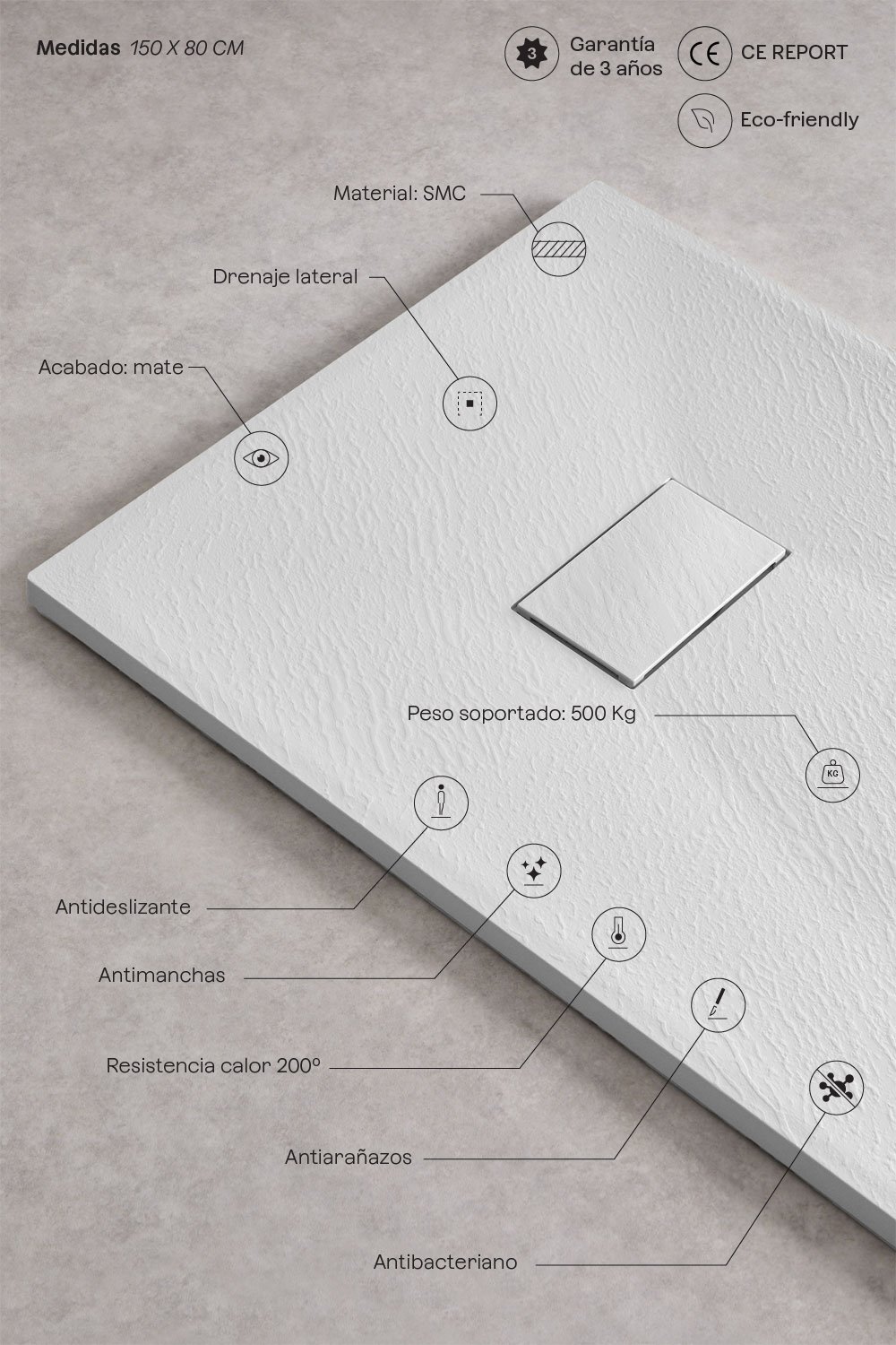 Plato de ducha en resina SMC rectangular 150x80 cm antideslizante y extraplano blanco Soho, imagen de galer&iacute;a 3