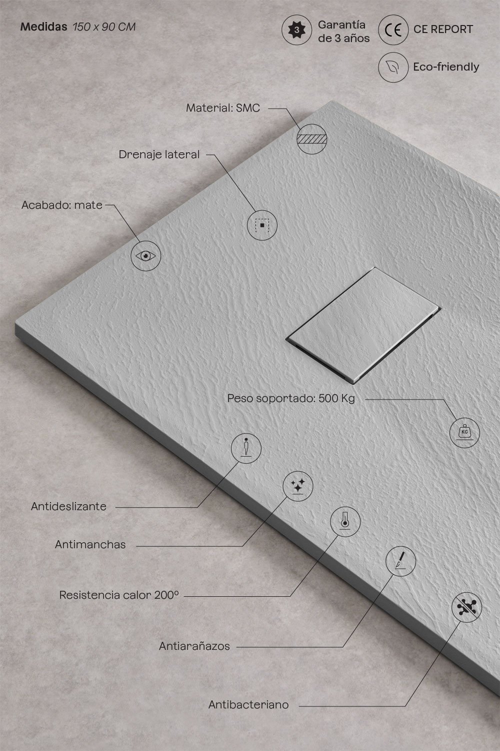 Plato de ducha en resina SMC rectangular 150x90 cm antideslizante y extraplano gris claro Soho, imagen de galer&iacute;a 3
