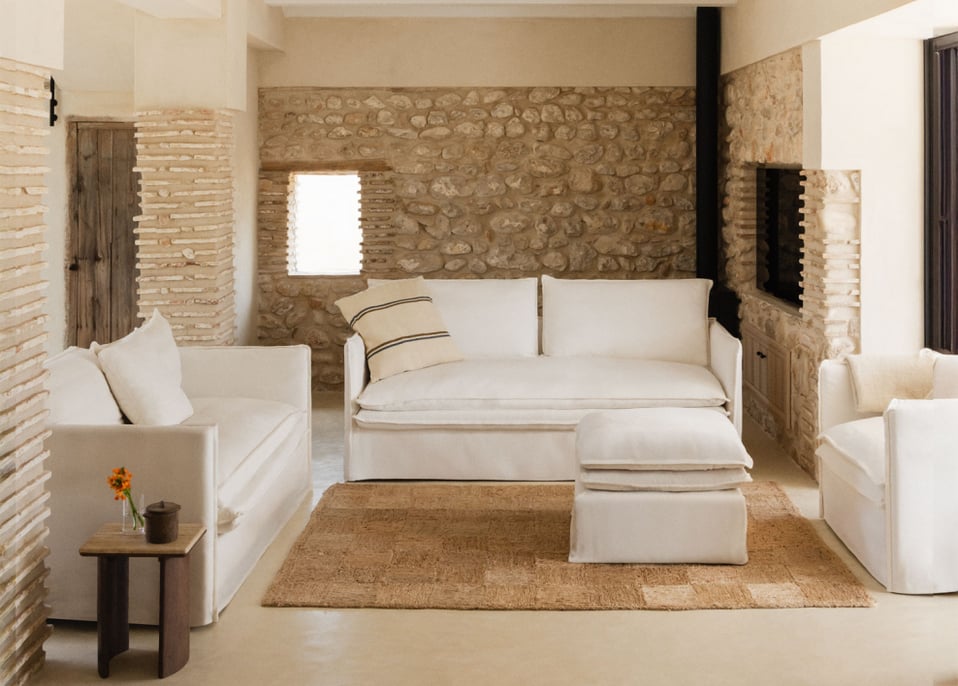 Conjunto de salón con sofá de 2 plazas, sofá de 3 plazas, sillón y puff en lino y algodón Grace