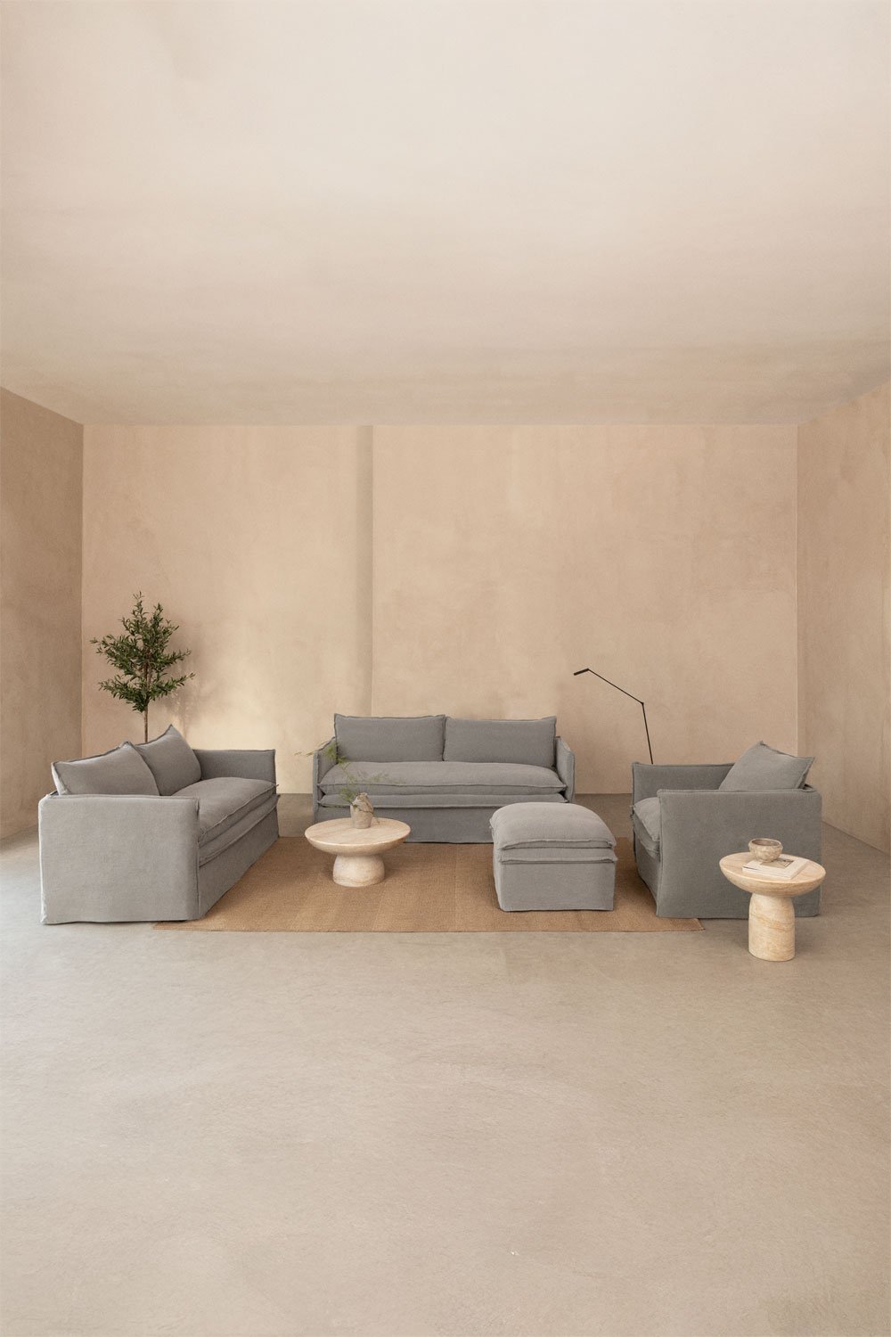 Conjunto de salón con sofá de 2 plazas, sofá de 3 plazas, sillón y puff en lino y algodón Grace, imagen de galería 1