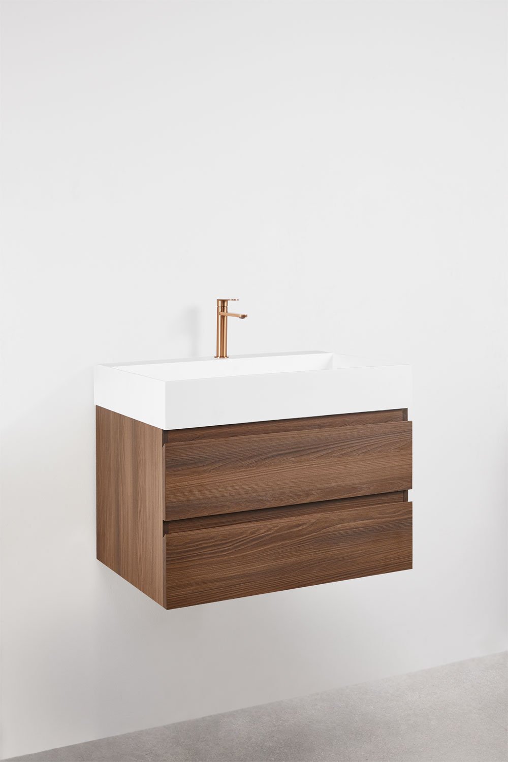 Conjunto de mueble de baño suspendido en madera y chapa de fresno con lavabo integrado Ona, imagen de galer&iacute;a 3
