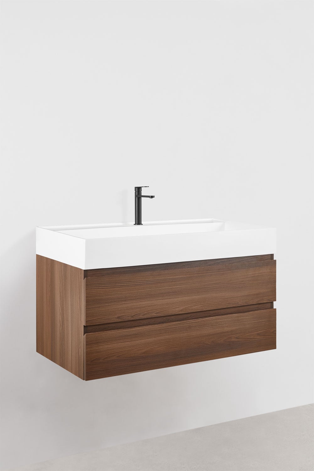 Conjunto de mueble de baño suspendido en madera y chapa de fresno con lavabo integrado Ona, imagen de galer&iacute;a 3