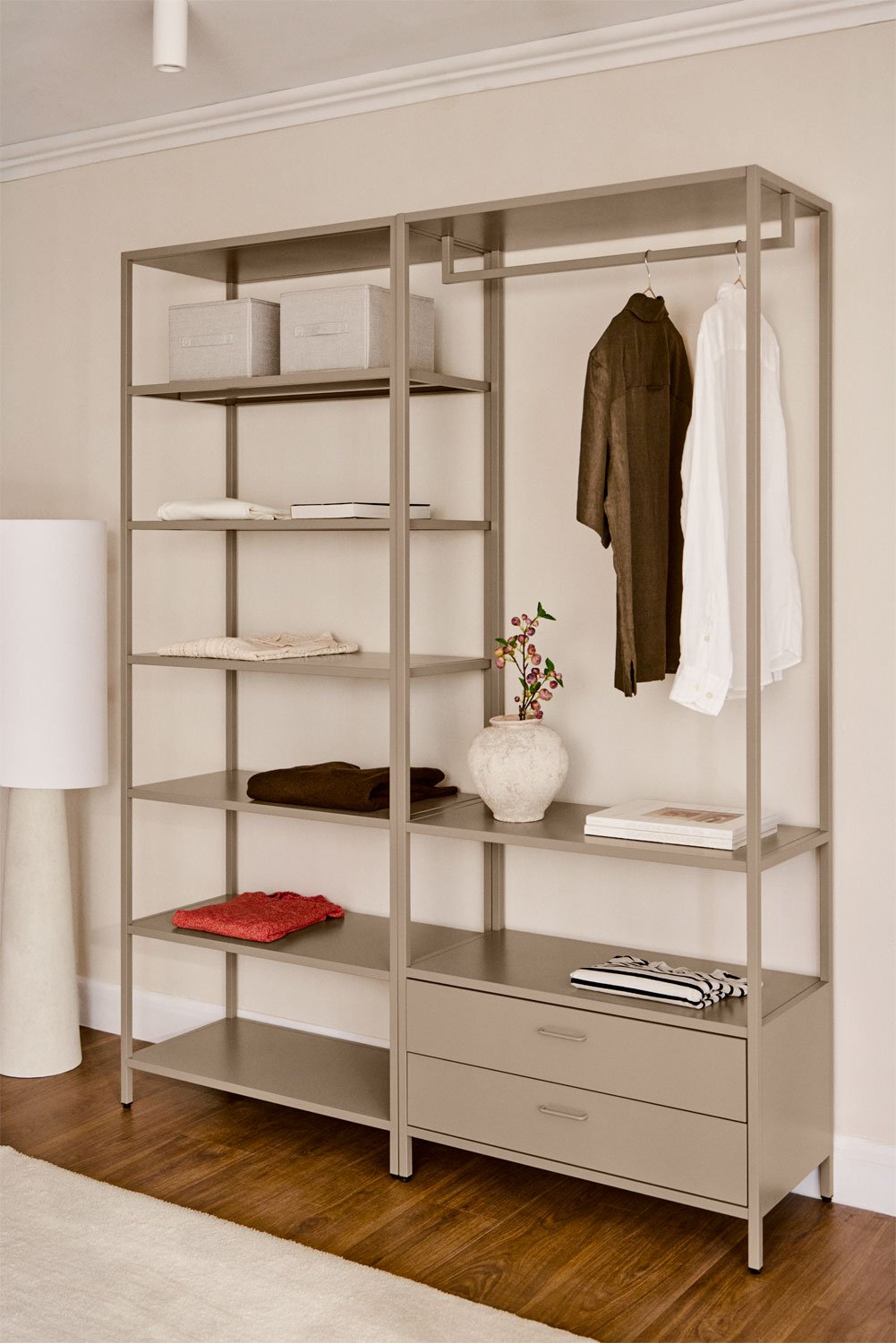 Armario modular abierto de 2 piezas con cajones y estantería en acero Janine, imagen de galería 1