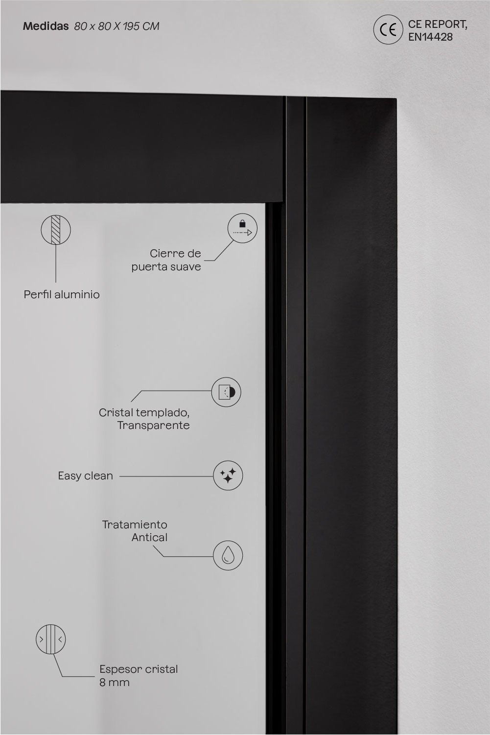 Mampara de ducha cuadrada 80x80x195 cm puertas correderas soft closing, cristal templado 6 mm y aluminio negro mate Brent, imagen de galería 3