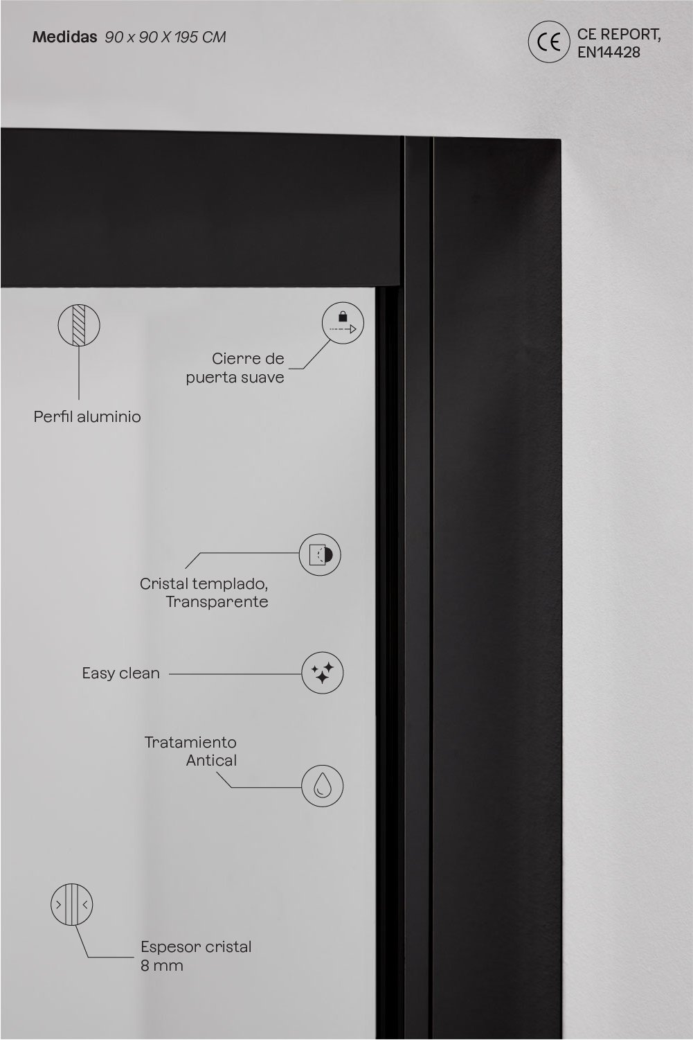 Mampara de ducha cuadrada 90x90x195 cm puertas correderas soft closing, cristal templado 6 mm y aluminio negro mate Brent, imagen de galería 4