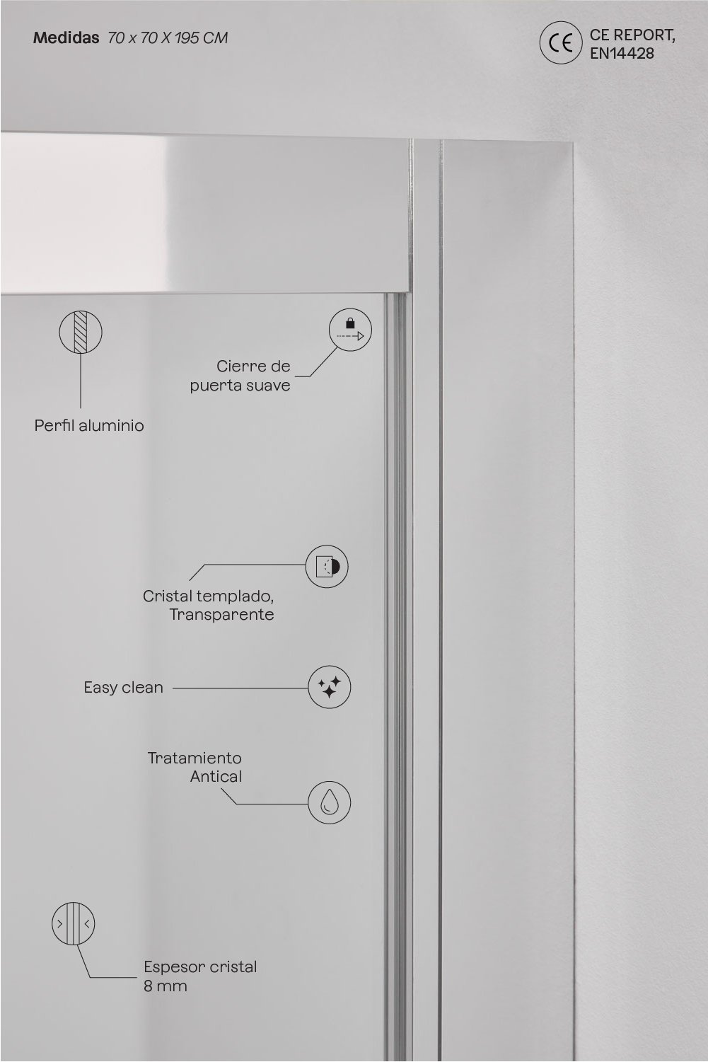 Mampara de ducha cuadrada 70x70x195 cm puertas correderas soft closing, cristal templado 6 mm y aluminio gris cepillado Brent, imagen de galería 3