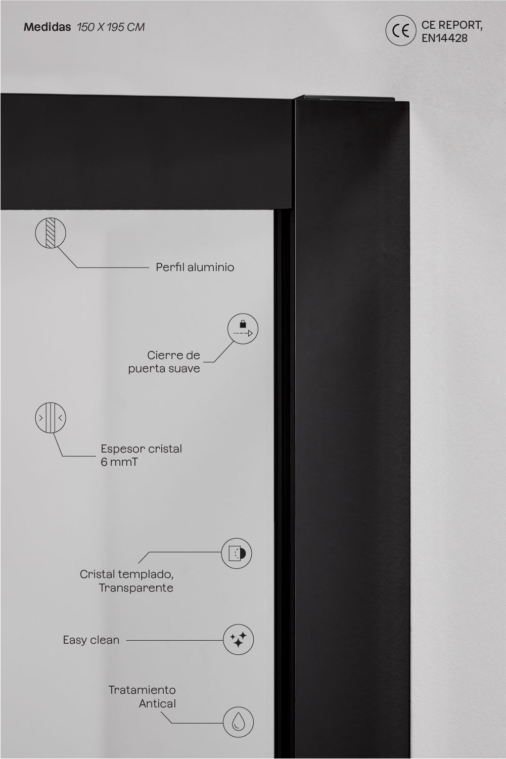 Mampara de ducha 150x195 cm puerta corredera soft closing, cristal templado 6 mm y aluminio negro mate Dover, imagen de galer&iacute;a 3