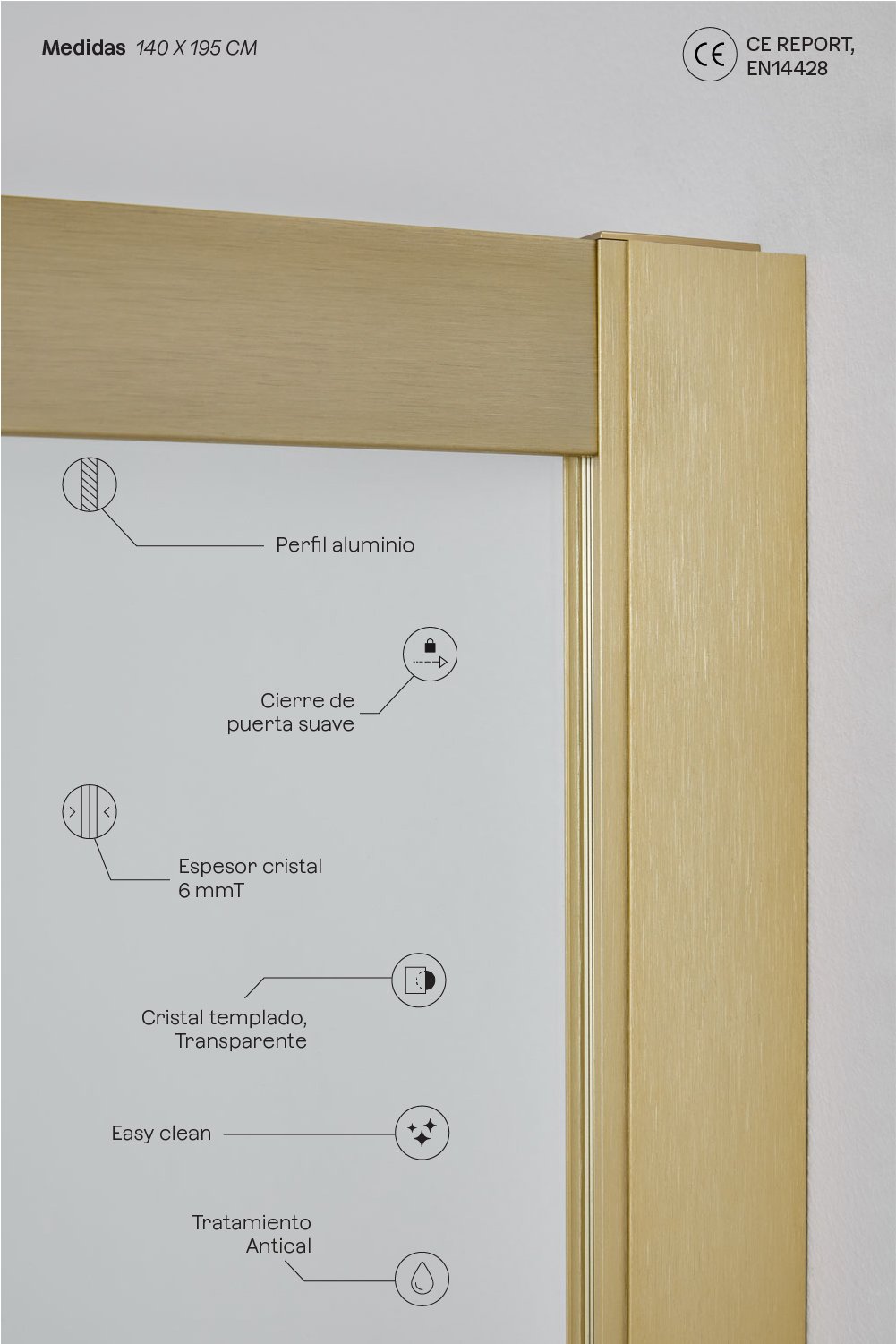 Mampara de ducha 140x195 cm puerta corredera soft closing, cristal templado 6 mm y aluminio dorado cepillado Dover, imagen de galer&iacute;a 3