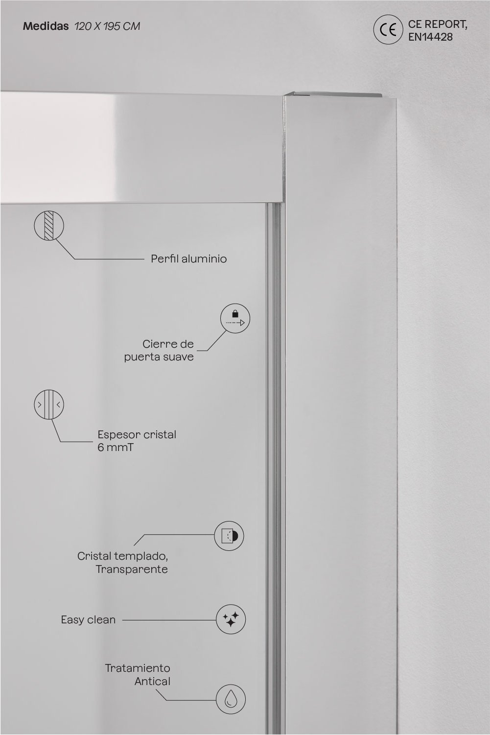 Mampara de ducha 120x195 cm puerta corredera soft closing, cristal templado 6 mm y aluminio gris cepillado Dover, imagen de galer&iacute;a 3