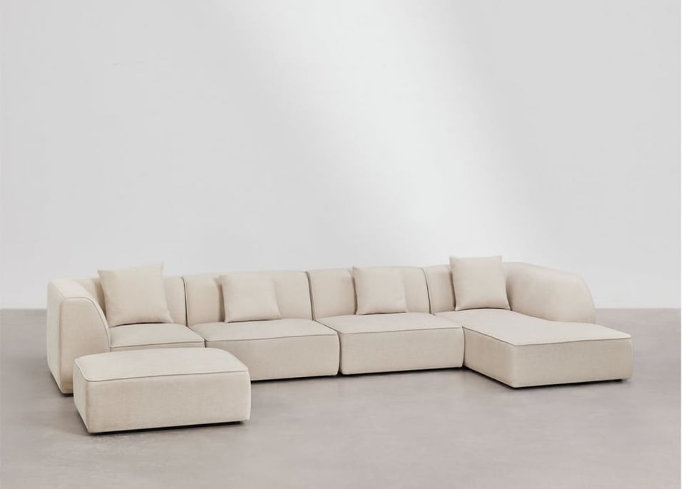 Sofá modular chaise longue derecho de 4 piezas con puff tapizado Cardea - Chenilla Beige Crema