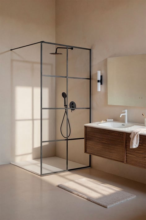 Mampara de ducha fija 80x195 cm con decorado de cuadros, cristal templado transparente 8 mm y aluminio negro mate Camden
