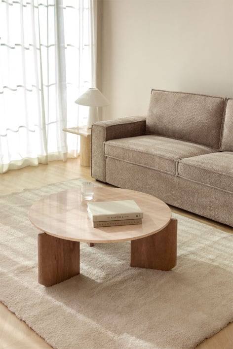 Mesa de centro redonda en piedra natural y madera de mango Lavinia