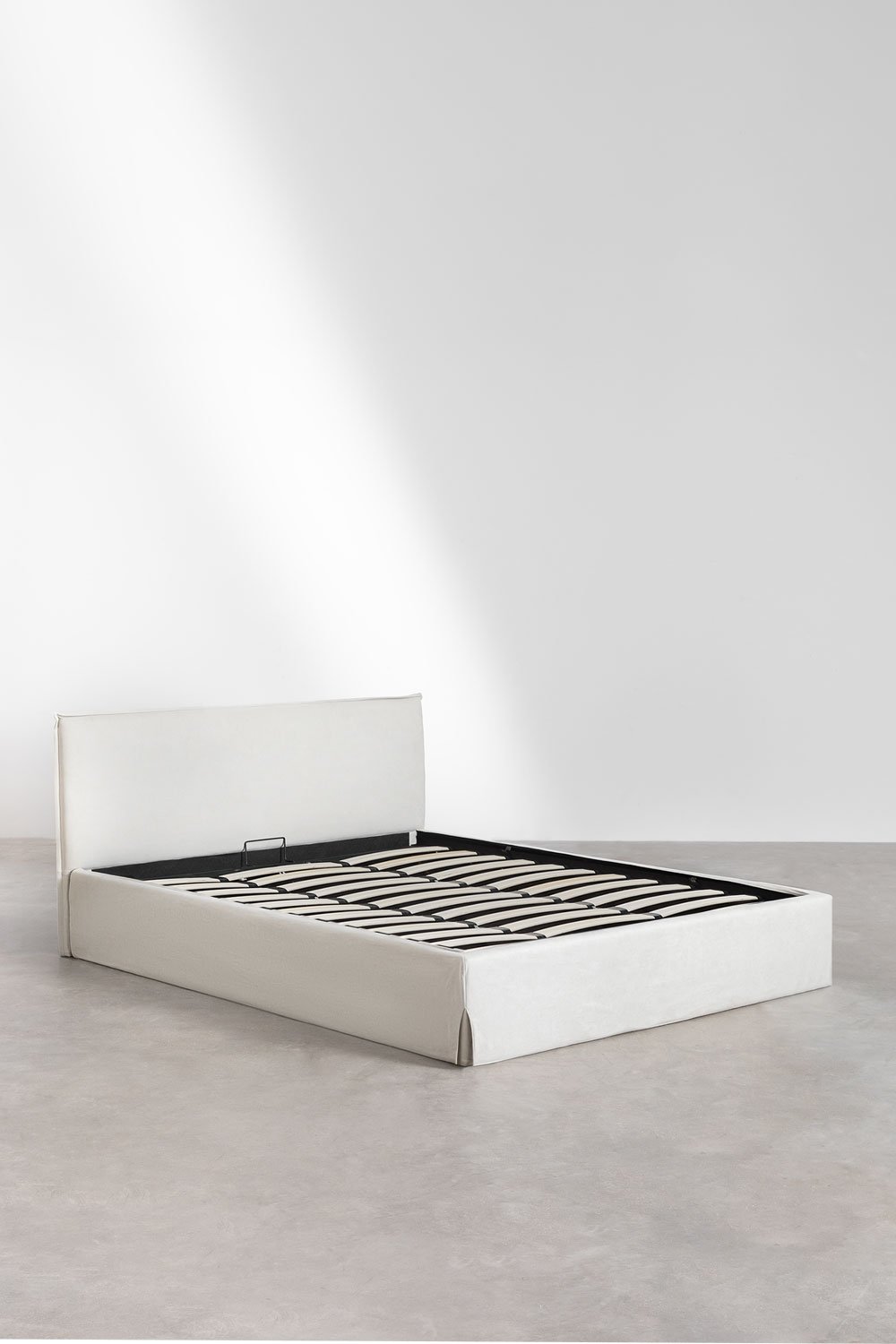 Cama para colchón 200x200cm con canapé abatible en chenilla blanco roto Lorea, imagen de galería 2