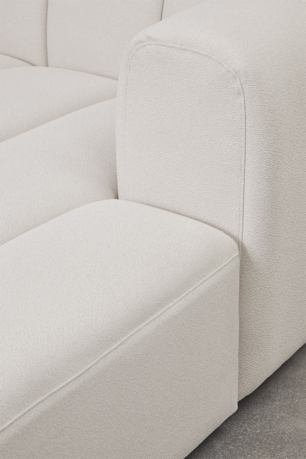 Sofá modular chaise longue derecho de 3 piezas y puff en tela bouclé Eliot, imagen de galería 9
