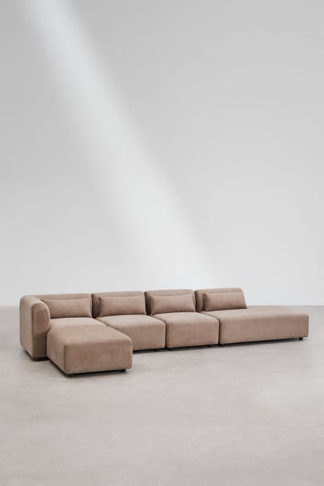 Sofá modular esquinero de 4 piezas con diván derecho y puff Fogler - Pana Marrón Camel