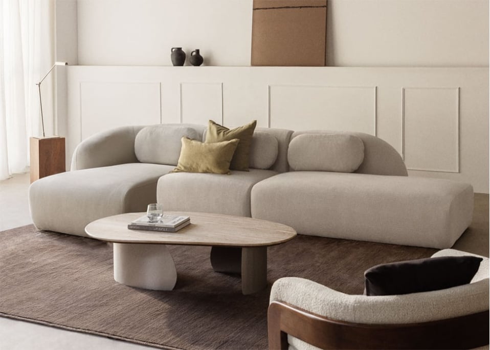 Sofá modular chaise longue izquierdo de 3 piezas con diván derecho en chenilla Coquette