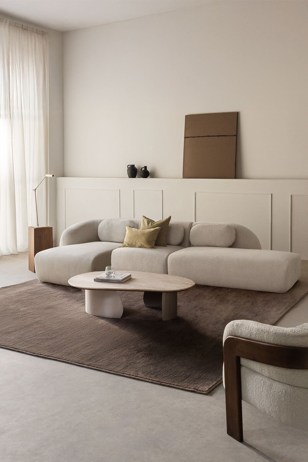 Sofá modular chaise longue izquierdo de 3 piezas con diván derecho en chenilla Coquette, imagen de galería 1