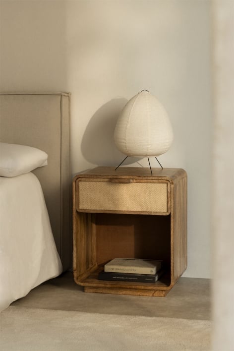 Mesita de noche rectangular 40x30 cm en madera de mango, MDF y yute Abrams