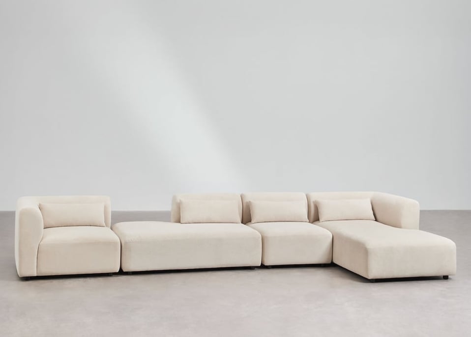 Sofá modular chaise longue derecho de 4 piezas con diván Fogler - Pana Beige Lino