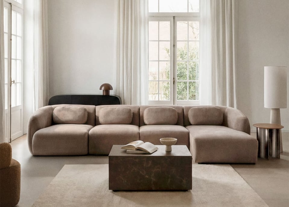 Sofá modular chaise longue derecho de 4 piezas en chenilla Coquette