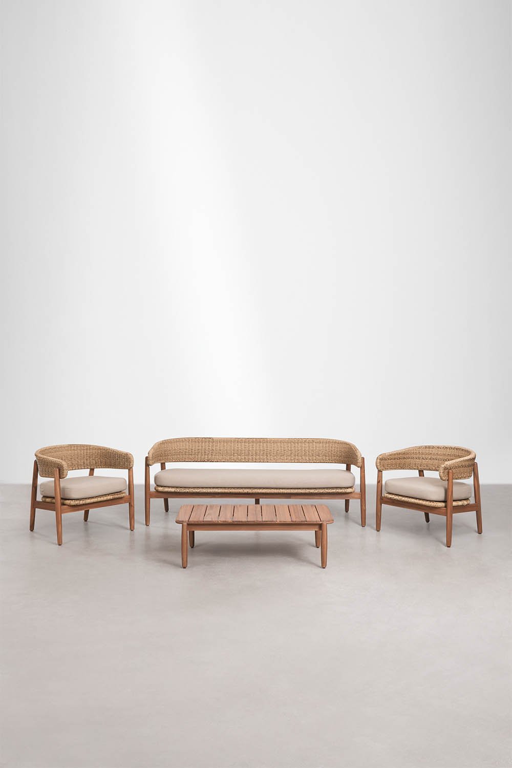 Conjunto de jardín con sofá de 3 plazas, 2 sillones y mesa de centro en madera de acacia Ribeira, imagen de galer&iacute;a 1