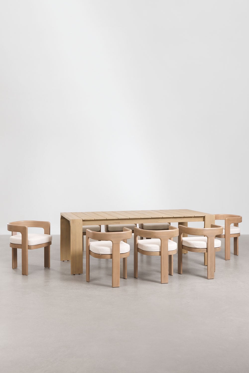 Set de mesa rectangular 220x100 cm en madera de acacia Mirelen y 8 sillas de comedor en madera de acacia y tela bouclé Kandroa, imagen de galer&iacute;a 1