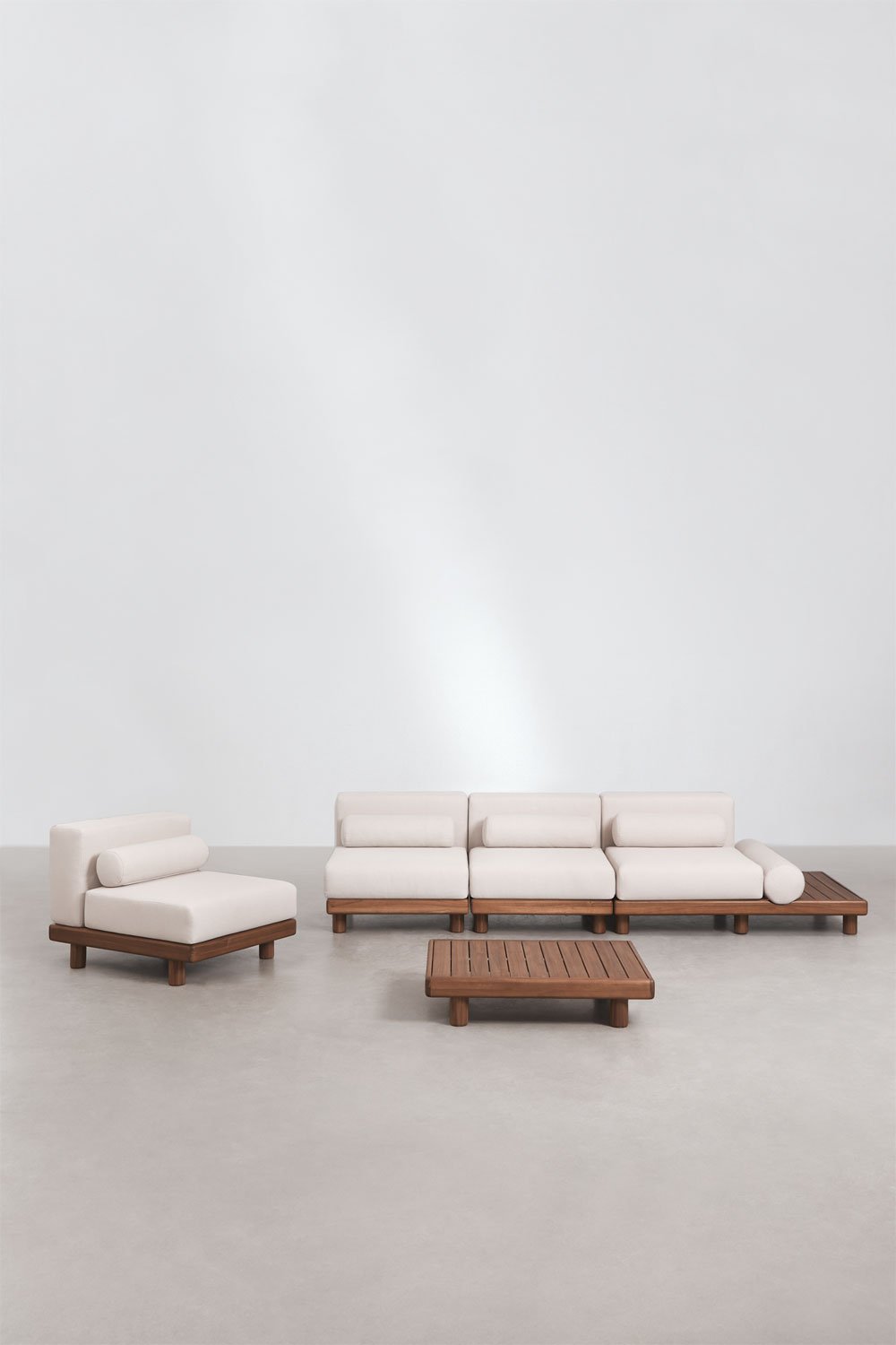 Conjunto de jardín con sofá modular de 3 piezas, mesa auxiliar, sillón y mesa de centro en acacia Edrien , imagen de galer&iacute;a 3