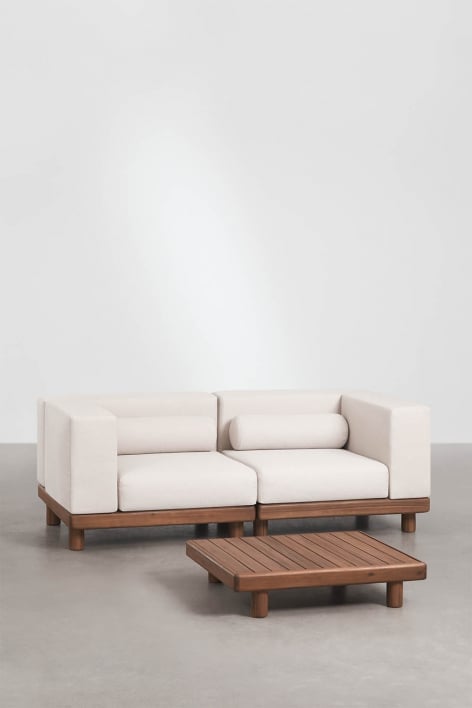 Conjunto de jardín con sofá modular de 2 piezas con 2 módulos esquineros y mesa de centro en acacia Edrien