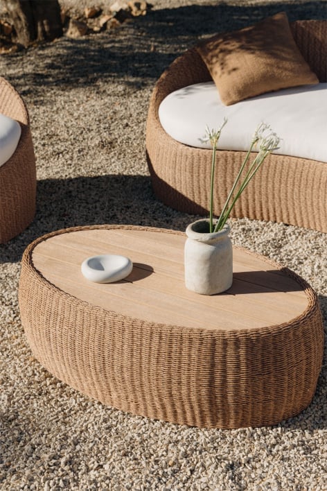Mesa de centro para jardín ovalada 105x60 cm en madera de acacia y ratán Clarnyx